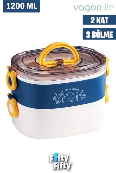 Vagonlife 1200 ML İki Kat Üç Bölme Paslanmaz Çelik Bento Lunch Box Yeni Nesil Sefer Tası-ÇatallıKaşık-FFLBOX50251 - 2