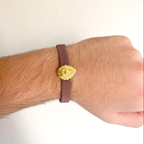 316L Çelik Kahverengi Aslan Figürlü Erkek Kelepçe Bileklik EBLK-418 - Resim 2