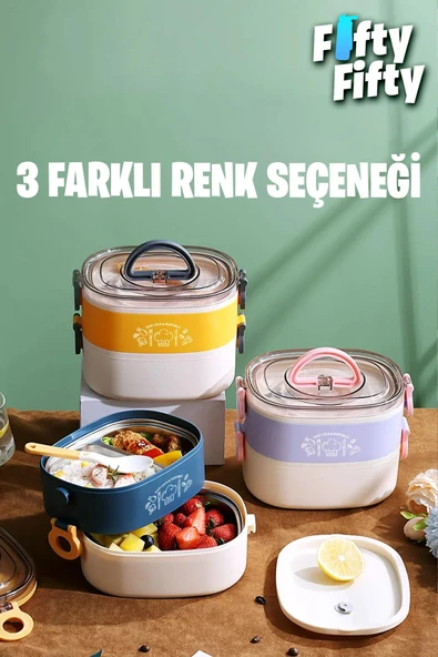 Vagonlife 1200 ML İki Kat Üç Bölme Paslanmaz Çelik Bento Lunch Box Yeni Nesil Sefer Tası-ÇatallıKaşık-FFLBOX50251 - 8