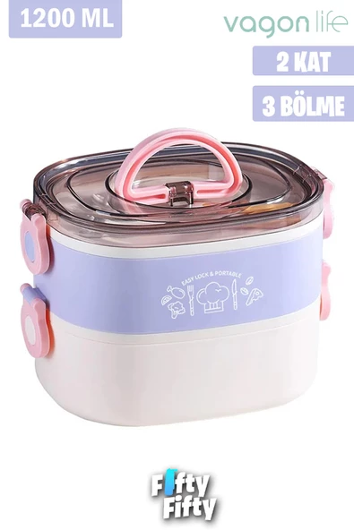 Vagonlife 1200 ML İki Kat Üç Bölme Paslanmaz Çelik Bento Lunch Box Yeni Nesil Sefer Tası-ÇatallıKaşık-FFLBOX50251 - 10