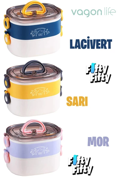 Vagonlife 1200 ML İki Kat Üç Bölme Paslanmaz Çelik Bento Lunch Box Yeni Nesil Sefer Tası-ÇatallıKaşık-FFLBOX50251 - 3