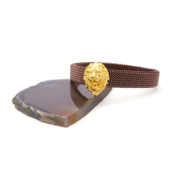 316L Çelik Kahverengi Aslan Figürlü Erkek Kelepçe Bileklik EBLK-418 - Resim 3