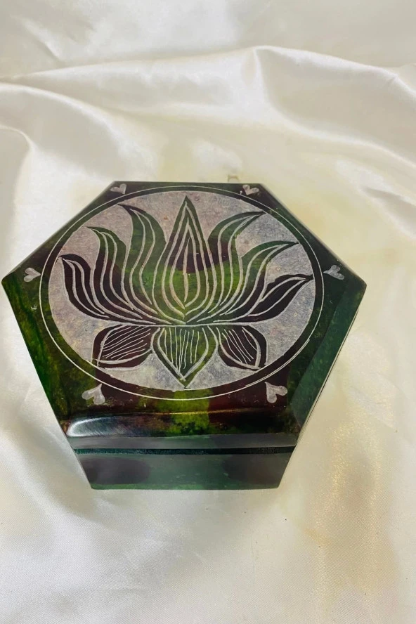 Doğal Taş Obsidyen Mücevher Kutusu El işi Yeşil Lotus