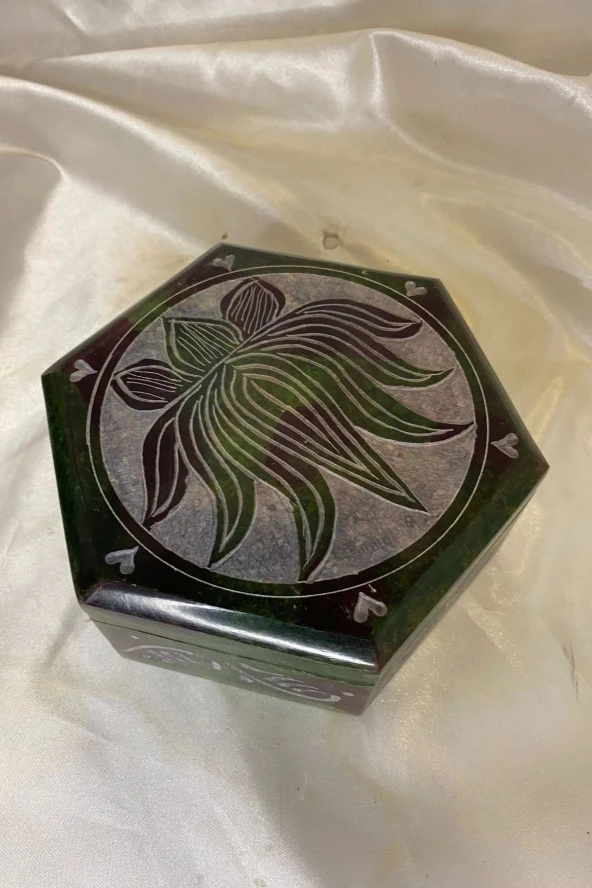 Doğal Taş Obsidyen Mücevher Kutusu El işi Yeşil Lotus - 4