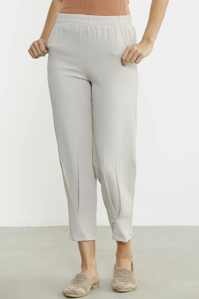Paça Büzgü Detaylı Krep Pantolon - Taş - 3