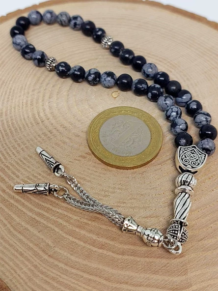 Kar Tanesi Obsidyen Taşı 33 lük Tesbih 6mm - Resim 3