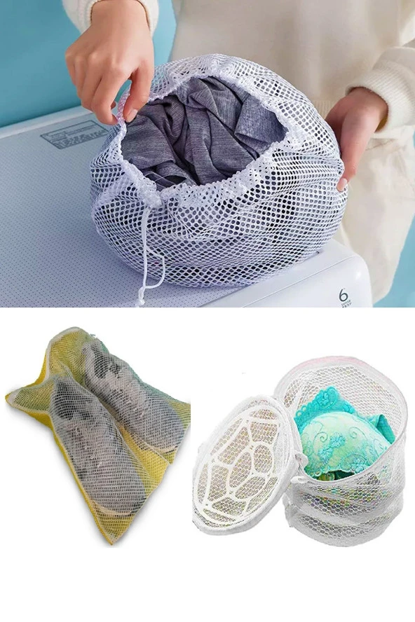 3lü Yıkama File Seti - Ayakkabı Filesi-Plastik Aparatlı Sütyen Yıkama- Çamaşır Yıkama Filesi - 3