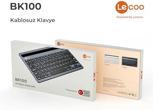 Lenovo Lecoo BK100 Çoklu Cihaz ile Uyumlu Şarj Edilebilir Akıllı Uyku Modlu Telefon/Tablet Tutucu Kart Yuvası 40 Saat Çalışma 78 Tuş Kompakt Ultra İnce Kablosuz Bluetooth QWERTY Türkçe Q Klavye Gri - 8