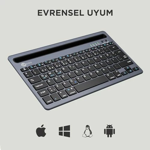 Lenovo Lecoo BK100 Çoklu Cihaz ile Uyumlu Şarj Edilebilir Akıllı Uyku Modlu Telefon/Tablet Tutucu Kart Yuvası 40 Saat Çalışma 78 Tuş Kompakt Ultra İnce Kablosuz Bluetooth QWERTY Türkçe Q Klavye Gri - 2