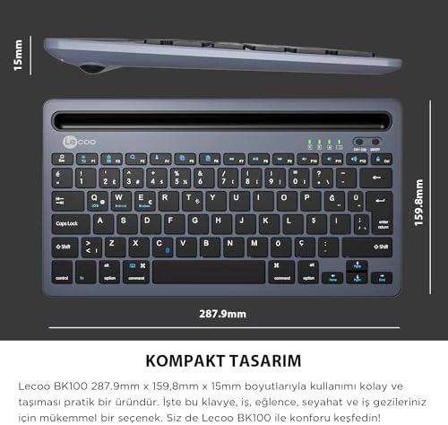 Lenovo Lecoo BK100 Çoklu Cihaz ile Uyumlu Şarj Edilebilir Akıllı Uyku Modlu Telefon/Tablet Tutucu Kart Yuvası 40 Saat Çalışma 78 Tuş Kompakt Ultra İnce Kablosuz Bluetooth QWERTY Türkçe Q Klavye Gri - 4