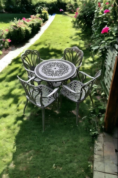 Ferforje görünümlü Plastik Yuvarlak İstanbul Masa Sandalye Takımı 1 Masa 4 Sandalye Balkon, Bahçe Mobilyası - 5