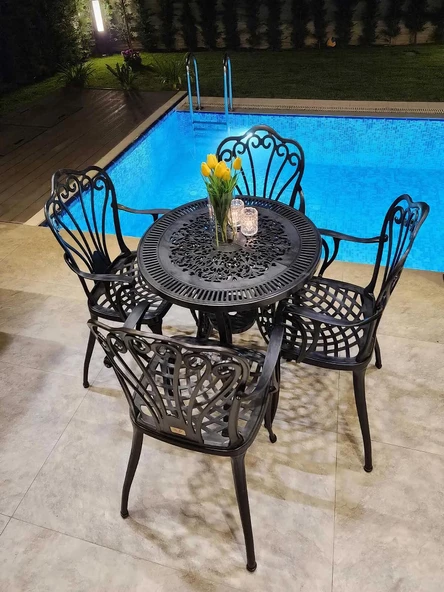 Ferforje görünümlü Plastik Yuvarlak İstanbul Masa Sandalye Takımı 1 Masa 4 Sandalye Balkon, Bahçe Mobilyası - 3