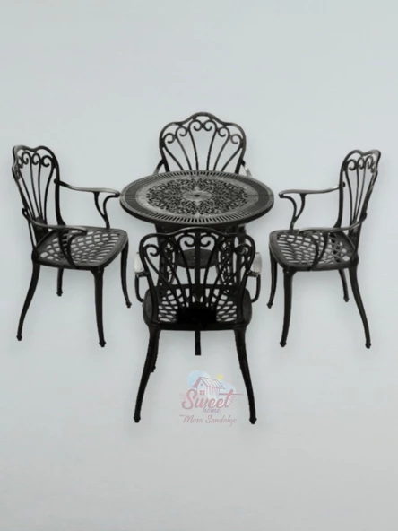 Ferforje görünümlü Plastik Yuvarlak İstanbul Masa Sandalye Takımı 1 Masa 4 Sandalye Balkon, Bahçe Mobilyası - 4