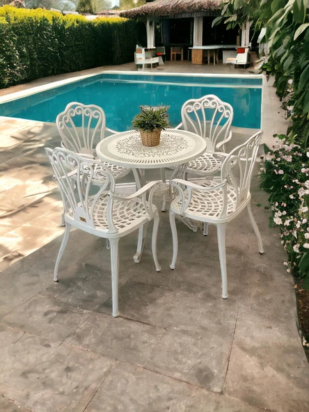 Ferforje görünümlü Plastik Yuvarlak İstanbul Masa Sandalye Takımı 1 Masa 4 Sandalye Balkon, Bahçe Mobilyası - 10