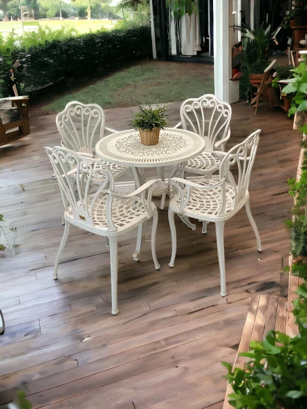 Ferforje görünümlü Plastik Yuvarlak İstanbul Masa Sandalye Takımı 1 Masa 4 Sandalye Balkon, Bahçe Mobilyası - 8