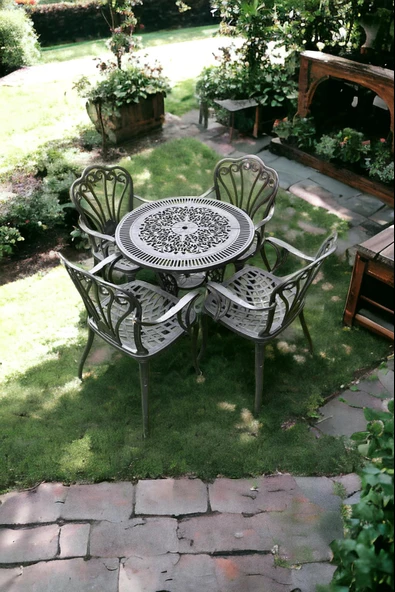 Ferforje görünümlü Plastik Yuvarlak İstanbul Masa Sandalye Takımı 1 Masa 4 Sandalye Balkon, Bahçe Mobilyası - 6