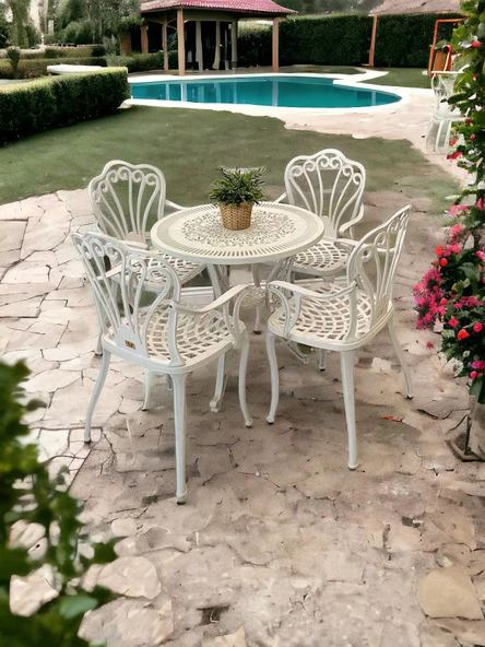 Ferforje görünümlü Plastik Yuvarlak İstanbul Masa Sandalye Takımı 1 Masa 4 Sandalye Balkon, Bahçe Mobilyası - 9