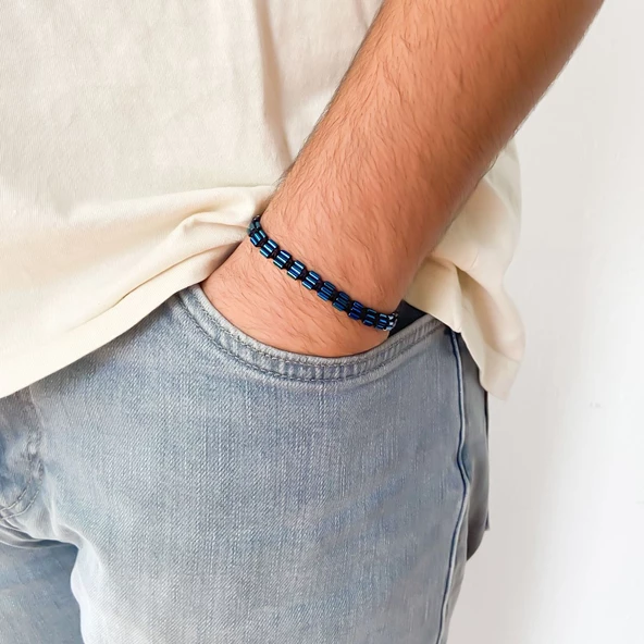 Mavi Hematit Doğal Taş Asansörlü Erkek Bileklik  EBLK-201 - Resim 2