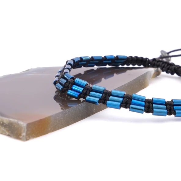 Mavi Hematit Doğal Taş Asansörlü Erkek Bileklik  EBLK-201 - Resim 5