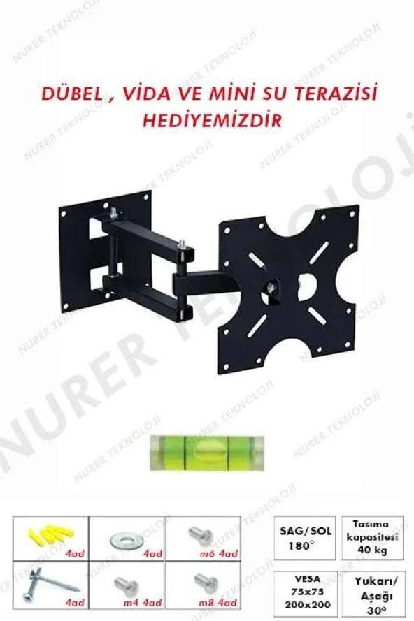 Onvo 32 Inç 82 Ekran Uyumlu Çift Kollu Televizyon Hareketli Duvar Askı Aparatı Lcd Led Uyumlu