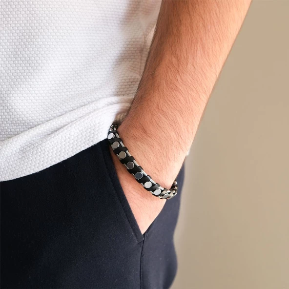 316L Çelik Deri Çift Renkli Erkek Spor Kelepçe Bileklik EBLK-450 - Resim 2