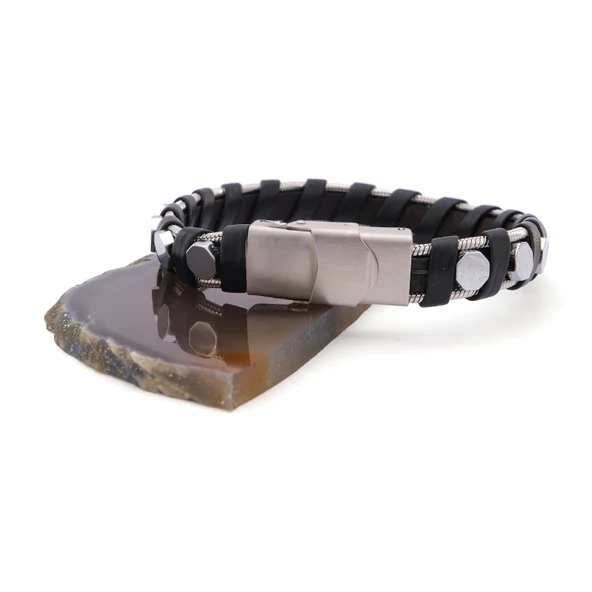 316L Çelik Deri Çift Renkli Erkek Spor Kelepçe Bileklik EBLK-450 - Resim 3