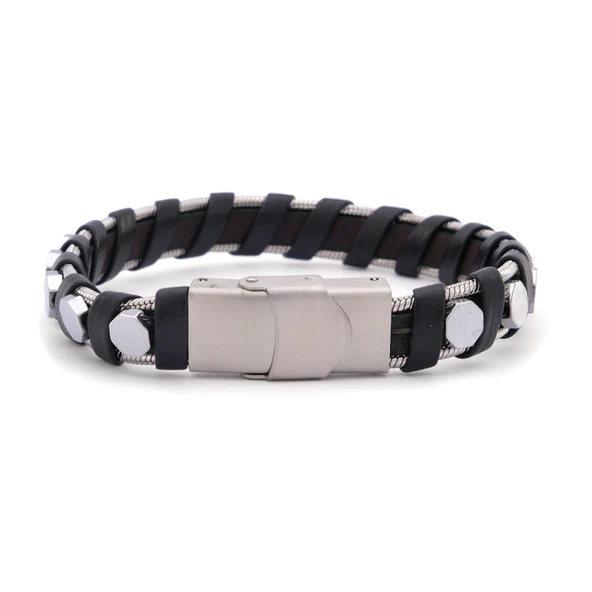 316L Çelik Deri Çift Renkli Erkek Spor Kelepçe Bileklik EBLK-450 ürün görseli
