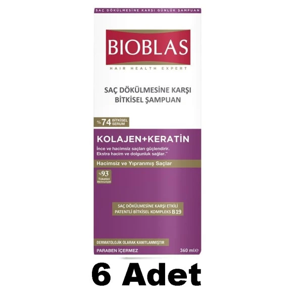 Bioblas Kolajen + Keratin Saç Dökülmesine Karşı Şampuan 360 ml 6 Adet