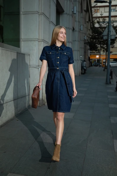 Kadın Kısa Kol Lacivert Jean Elbise - 2