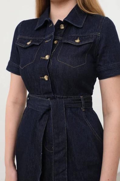 Kadın Kısa Kol Lacivert Jean Elbise - 7