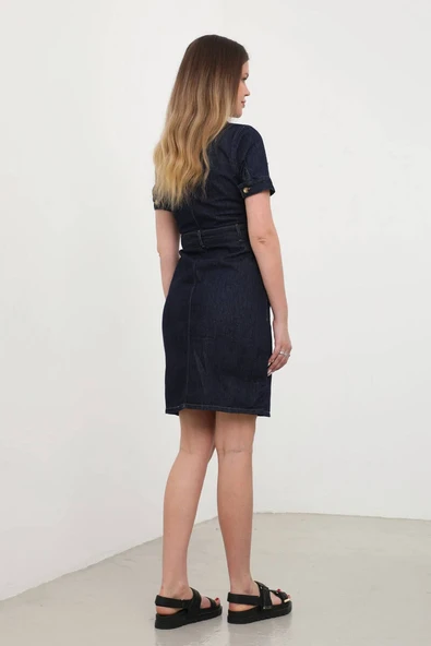 Kadın Kısa Kol Lacivert Jean Elbise - 6