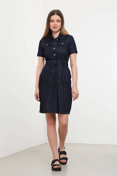 Kadın Kısa Kol Lacivert Jean Elbise - 4