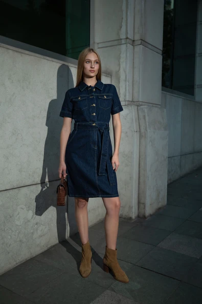 Kadın Kısa Kol Lacivert Jean Elbise - 3