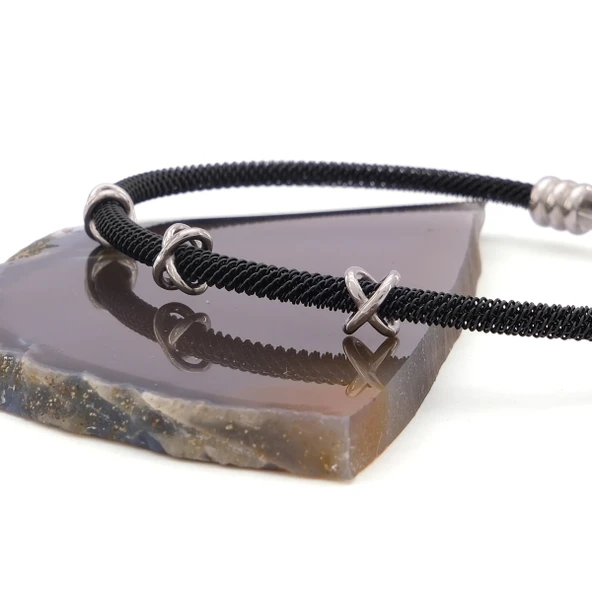 316L Çelik Düğüm Detaylı Siyah Erkek Kelepçe Bileklik EBLK-423 - Resim 5