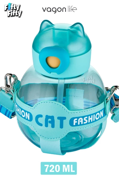 Vagonlife Pipetli 720 ML Boyun Askılı Çocuk Su Matarası -Cat Fashion-FFVGN2031-720ML - 2