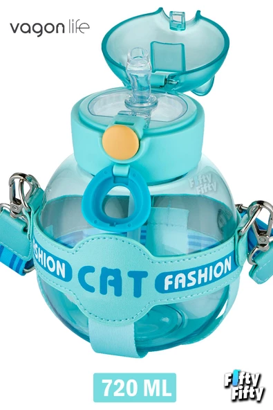 Vagonlife Pipetli 720 ML Boyun Askılı Çocuk Su Matarası -Cat Fashion-FFVGN2031-720ML - 3