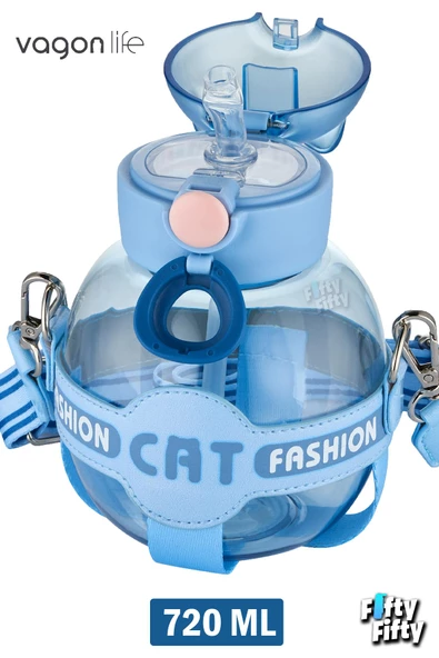 Vagonlife Pipetli 720 ML Boyun Askılı Çocuk Su Matarası -Cat Fashion-FFVGN2031-720ML - 9