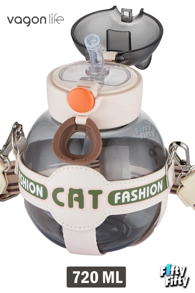Vagonlife Pipetli 720 ML Boyun Askılı Çocuk Su Matarası -Cat Fashion-FFVGN2031-720ML - 12