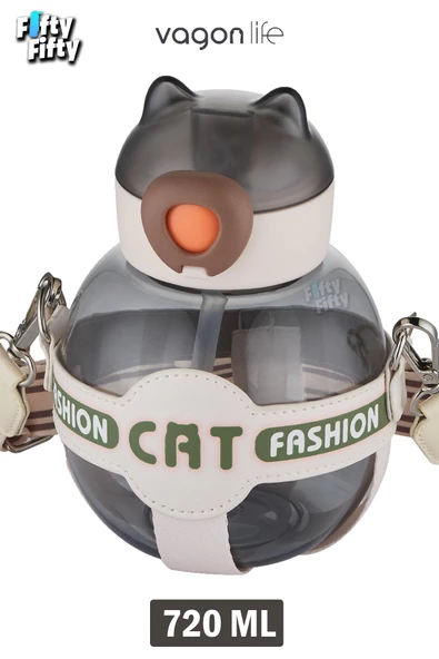 Vagonlife Pipetli 720 ML Boyun Askılı Çocuk Su Matarası -Cat Fashion-FFVGN2031-720ML - 11