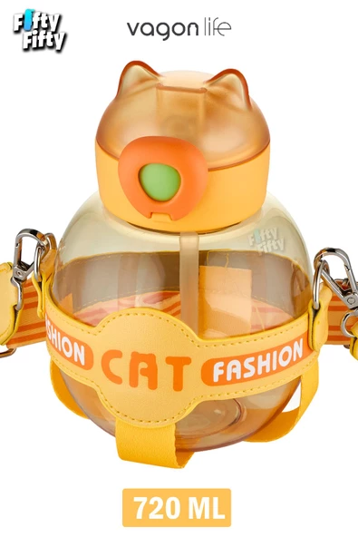 Vagonlife Pipetli 720 ML Boyun Askılı Çocuk Su Matarası -Cat Fashion-FFVGN2031-720ML - 5