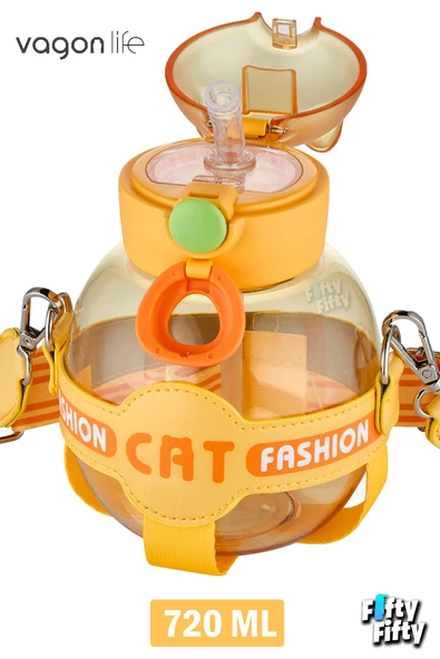 Vagonlife Pipetli 720 ML Boyun Askılı Çocuk Su Matarası -Cat Fashion-FFVGN2031-720ML - 6