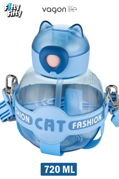 Vagonlife Pipetli 720 ML Boyun Askılı Çocuk Su Matarası -Cat Fashion-FFVGN2031-720ML - 8
