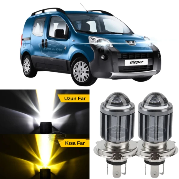 Peugeot Bipper 2008-2022 Uyumlu Mercekli Far Ampulü Led Xenon Çift Renk Sarı-Beyaz Far Şimşek Etkili CSP Led Lamba Uzun Kısa 2 Adet Takım