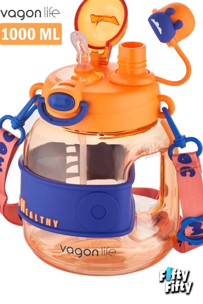 Vagonlife Tek Kapak Çift Kullanım Pipetli/Rahat İçim 1000 ML Boyun Askılı Çocuk Su Matarası-FFVGN6278-1000ML - 9