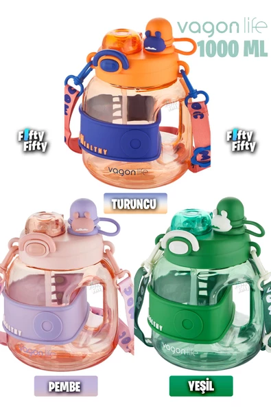 Vagonlife Tek Kapak Çift Kullanım Pipetli/Rahat İçim 1000 ML Boyun Askılı Çocuk Su Matarası-FFVGN6278-1000ML - 7