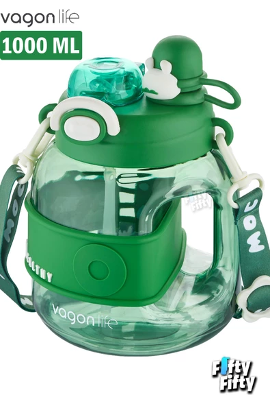 Vagonlife Tek Kapak Çift Kullanım Pipetli/Rahat İçim 1000 ML Boyun Askılı Çocuk Su Matarası-FFVGN6278-1000ML - 2