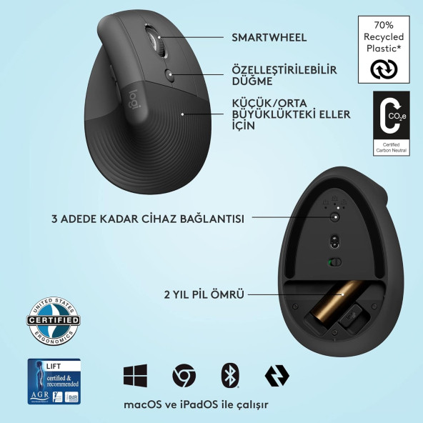 Logitech Lift 910-006473 Gelişmiş Ergonomik Dikey Mouse Siyah - 6