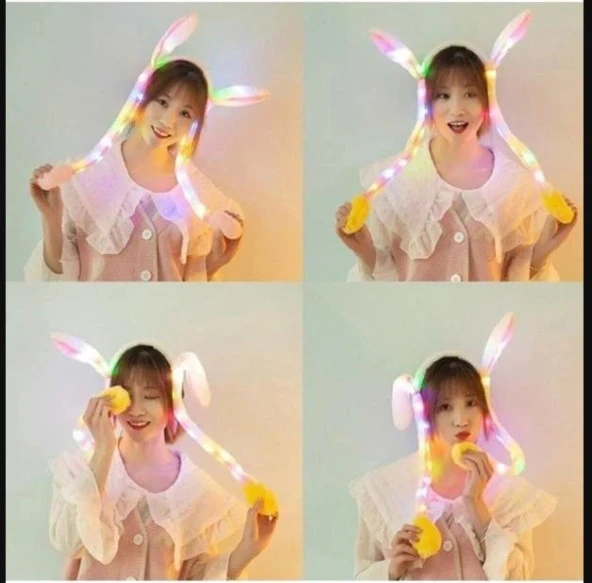 Taç Işıklı Hareketli Kulaklı Beyaz Peluş Sevimli Tavşan Kulak Kız Çocuk - 3