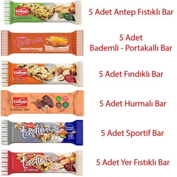 Tadım Antep Fıstıklı + Fındıklı + Yer Fıstıklı + Sportif Bar + Bademli + Hurmalı (5'er Adet)