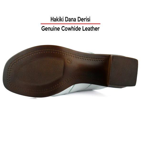 Erkan Saçmacı Bianca Beyaz Hakiki Dana Derisi Önü Açık Kesik Detaylı Kalın Topuklu Günlük Terlik - 6